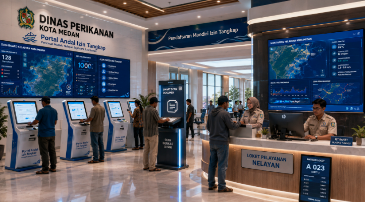 Dashboard interaktif Portal Andal Izin Tangkap yang menampilkan sistem pemantauan data kelautan real-time untuk mendukung efisiensi perikanan kota Medan