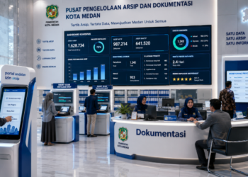 Dashboard interaktif Portal Andalan Izin Arsip yang menampilkan sistem pemantauan data catatan real-time untuk mendukung efisiensi kearsipan kota Medan