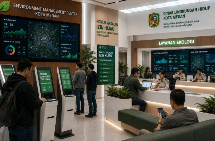 Dashboard interaktif Portal Andalan Izin Hijau yang menampilkan sistem pemantauan data lingkungan real-time untuk mendukung efisiensi ekologi kota Medan