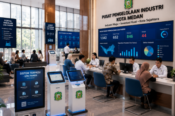 Dashboard interaktif Portal Andalan Izin Pabrik yang menampilkan sistem pemantauan data kapasitas real-time untuk mendukung efisiensi perindustrian kota Medan