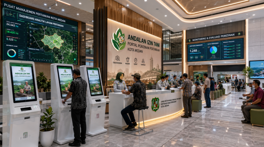 Dashboard interaktif Portal Andalan Izin Tani yang menampilkan sistem pemantauan data lahan real-time untuk mendukung efisiensi pertanian kota Medan.