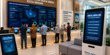 Dashboard interaktif Portal Andalan Izin Usaha yang menampilkan sistem pemantauan data mikro real-time untuk mendukung efisiensi UMKM kota Medan