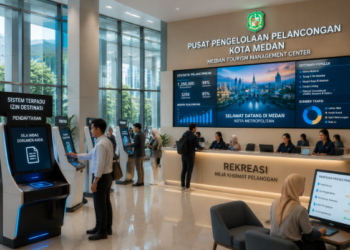 Dashboard interaktif Sistem Terpadu Izin Destinasi yang menampilkan sistem pemantauan data pelancongan real-time untuk mendukung efisiensi pariwisata kota Medan.
