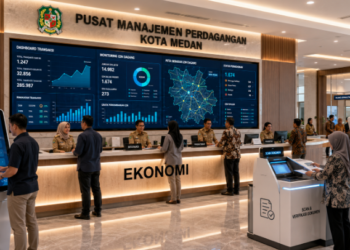 Dashboard interaktif Portal Canggih Izin Dagang yang menampilkan sistem pemantauan data transaksi real-time untuk mendukung efisiensi perdagangan kota Medan