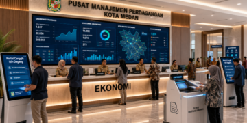 Dashboard interaktif Portal Canggih Izin Dagang yang menampilkan sistem pemantauan data transaksi real-time untuk mendukung efisiensi perdagangan kota Medan