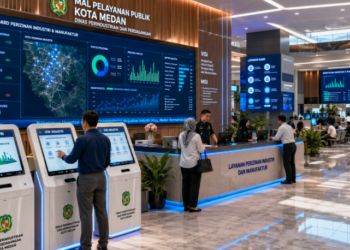 Dashboard interaktif Portal Canggih Izin Industri yang menampilkan sistem pemantauan data manufaktur real-time untuk mendukung efisiensi perindustrian kota Medan