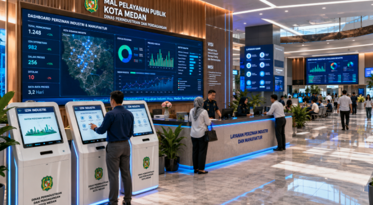 Dashboard interaktif Portal Canggih Izin Industri yang menampilkan sistem pemantauan data manufaktur real-time untuk mendukung efisiensi perindustrian kota Medan