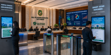 Dashboard interaktif Portal Canggih Izin Kesehatan yang menampilkan sistem pemantauan data fasilitas medis real-time untuk mendukung efisiensi kesehatan kota Medan