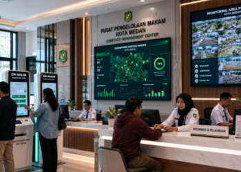 Dashboard interaktif Portal Canggih Izin Makam yang menampilkan sistem pemantauan data lahan real-time untuk mendukung efisiensi pemakaman kota Medan