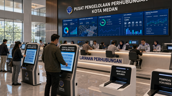 Dashboard interaktif Portal Canggih Izin Mobilitas yang menampilkan sistem pemantauan data kendaraan real-time untuk mendukung efisiensi transportasi kota Medan.