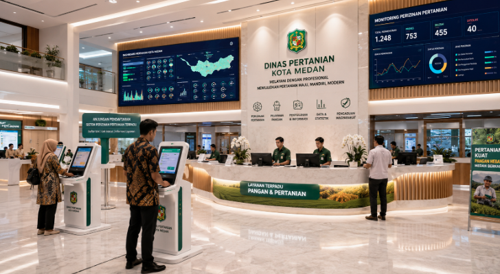 Dashboard interaktif Portal Canggih Izin Pertanian yang menampilkan sistem pemantauan data pangan real-time untuk mendukung efisiensi pertanian kota Medan