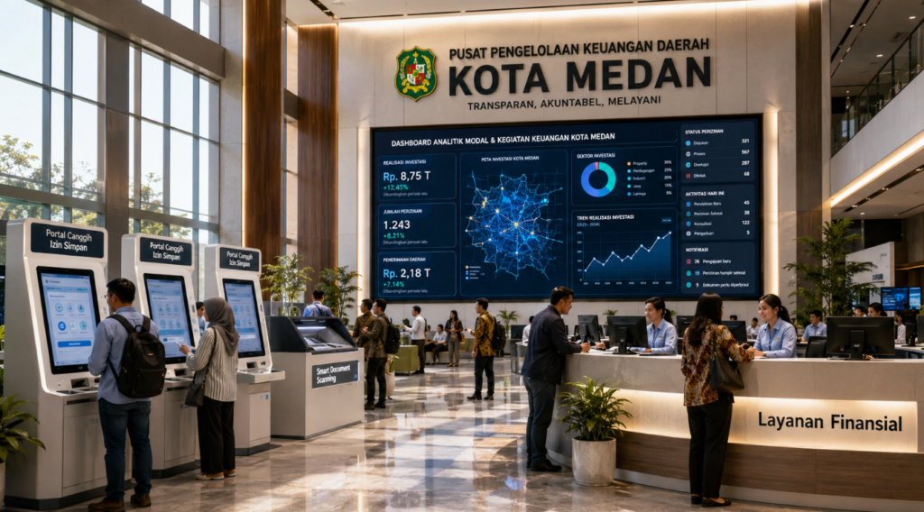 Dashboard interaktif Portal Canggih Izin Simpan yang menampilkan sistem pemantauan data modal real-time untuk mendukung efisiensi keuangan kota Medan.
