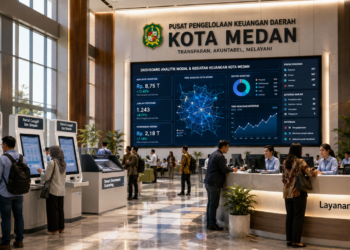 Dashboard interaktif Portal Canggih Izin Simpan yang menampilkan sistem pemantauan data modal real-time untuk mendukung efisiensi keuangan kota Medan.