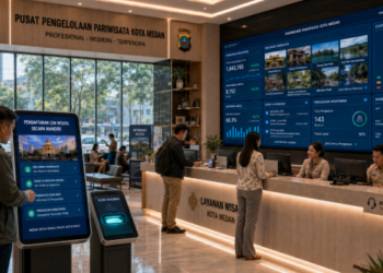 Dashboard interaktif Portal Canggih Izin Wisata yang menampilkan sistem pemantauan data destinasi real-time untuk mendukung efisiensi pariwisata kota Medan