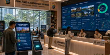 Dashboard interaktif Portal Canggih Izin Wisata yang menampilkan sistem pemantauan data destinasi real-time untuk mendukung efisiensi pariwisata kota Medan