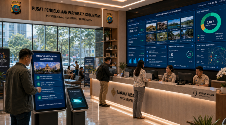 Dashboard interaktif Portal Canggih Izin Wisata yang menampilkan sistem pemantauan data destinasi real-time untuk mendukung efisiensi pariwisata kota Medan