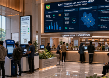 Dashboard interaktif Portal Cepat Izin Arsip yang menampilkan sistem pemantauan data rekam real-time untuk mendukung efisiensi kearsipan kota Medan
