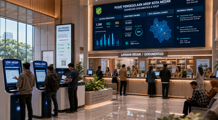 Dashboard interaktif Portal Cepat Izin Arsip yang menampilkan sistem pemantauan data rekam real-time untuk mendukung efisiensi kearsipan kota Medan