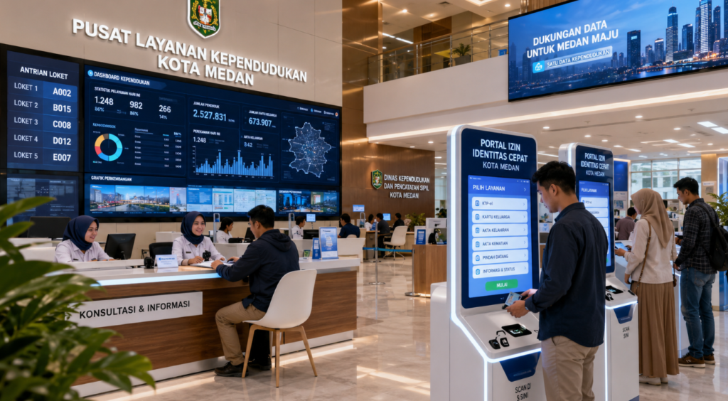 Dashboard interaktif Portal Cepat Izin Identitas yang menampilkan sistem pemantauan data kependudukan real-time untuk mendukung efisiensi kependudukan kota Medan.