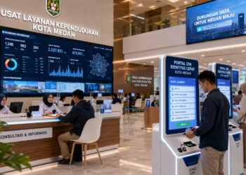 Dashboard interaktif Portal Cepat Izin Identitas yang menampilkan sistem pemantauan data kependudukan real-time untuk mendukung efisiensi kependudukan kota Medan.