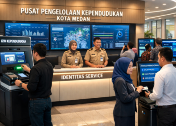 Dashboard interaktif Portal Digital Izin Kependudukan yang menampilkan sistem pemantauan data identitas real-time untuk mendukung efisiensi kependudukan kota Medan