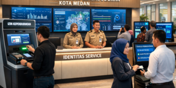 Dashboard interaktif Portal Digital Izin Kependudukan yang menampilkan sistem pemantauan data identitas real-time untuk mendukung efisiensi kependudukan kota Medan