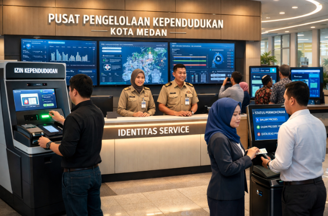 Dashboard interaktif Portal Digital Izin Kependudukan yang menampilkan sistem pemantauan data identitas real-time untuk mendukung efisiensi kependudukan kota Medan