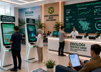 Dashboard interaktif Portal Digital Izin Lingkungan yang menampilkan sistem pemantauan data limbah real-time untuk mendukung efisiensi lingkungan kota Medan