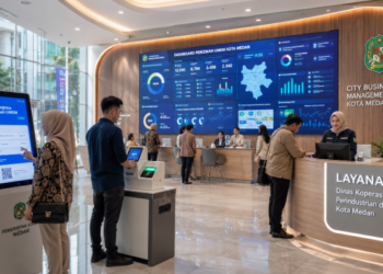 Dashboard interaktif Portal Digital Izin UMKM yang menampilkan sistem pemantauan data mikro real-time untuk mendukung efisiensi usaha kota Medan