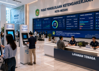 Dashboard interaktif Portal Efektif Izin Pekerjaan yang menampilkan sistem pemantauan data tenaga kerja real-time untuk mendukung efisiensi ketenagakerjaan kota Medan.