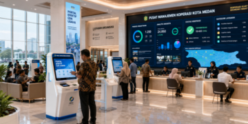 Dashboard interaktif Portal Efektif Izin Usaha yang menampilkan sistem pemantauan data anggota real-time untuk mendukung efisiensi koperasi kota Medan
