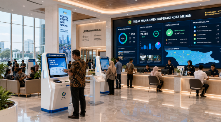 Dashboard interaktif Portal Efektif Izin Usaha yang menampilkan sistem pemantauan data anggota real-time untuk mendukung efisiensi koperasi kota Medan