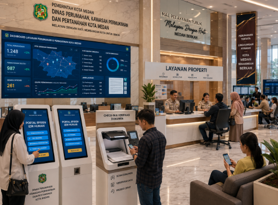 Dashboard interaktif Portal Efisien Izin Hunian yang menampilkan sistem pemantauan data properti real-time untuk mendukung efisiensi perumahan kota Medan