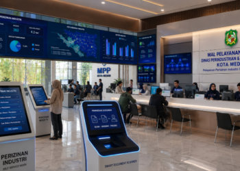 Dashboard interaktif Portal Izin Industri Medan yang menampilkan sistem pemantauan data manufaktur real-time untuk mendukung efisiensi industri kota Medan