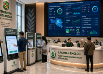 Dashboard interaktif Portal Izin Lingkungan Medan yang menampilkan sistem pemantauan data limbah real-time untuk mendukung efisiensi lingkungan kota Medan