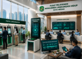 Dashboard interaktif Portal Izin Lingkungan Medan yang menampilkan sistem pemantauan data limbah real-time untuk mendukung efisiensi lingkungan kota Medan