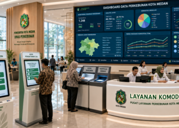 Dashboard interaktif Portal Izin Perkebunan Medan yang menampilkan sistem pemantauan data komoditas real-time untuk mendukung efisiensi perkebunan kota Medan