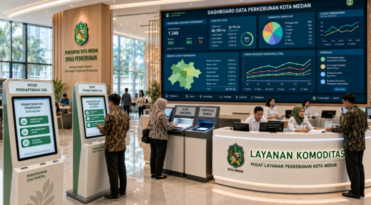 Dashboard interaktif Portal Izin Perkebunan Medan yang menampilkan sistem pemantauan data komoditas real-time untuk mendukung efisiensi perkebunan kota Medan