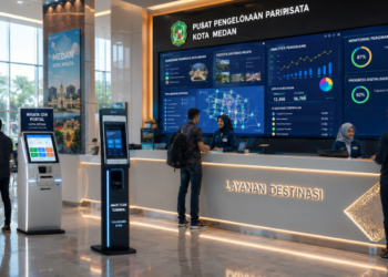 Dashboard interaktif Portal Izin Wisata Medan yang menampilkan sistem pemantauan data destinasi real-time untuk mendukung efisiensi wisata kota Medan