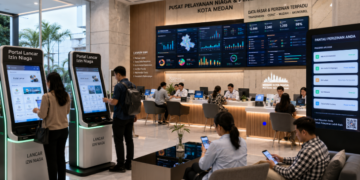 Dashboard interaktif Portal Lancar Izin Niaga yang menampilkan sistem pemantauan data pasar real-time untuk mendukung efisiensi perdagangan kota Medan