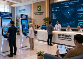 Dashboard interaktif Portal Layanan Izin Wisata yang menampilkan sistem pemantauan data destinasi real-time untuk mendukung efisiensi wisata kota Medan