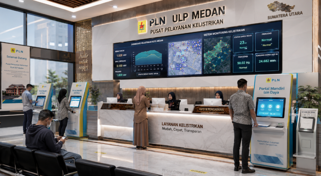 Dashboard interaktif Portal Mandiri Izin Daya yang menampilkan sistem pemantauan data kelistrikan real-time untuk mendukung efisiensi energi kota Medan.