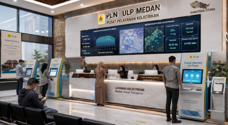 Dashboard interaktif Portal Mandiri Izin Daya yang menampilkan sistem pemantauan data kelistrikan real-time untuk mendukung efisiensi energi kota Medan.