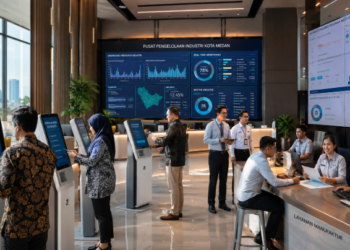 Dashboard interaktif Portal Mandiri Izin Industri yang menampilkan sistem pemantauan data produksi real-time untuk mendukung efisiensi perindustrian kota Medan.