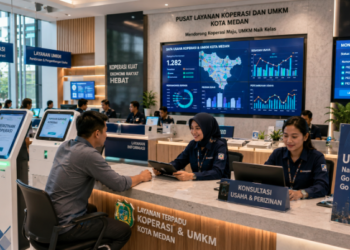 Dashboard interaktif Portal Modern Izin Koperasi yang menampilkan sistem pemantauan data UMKM real-time untuk mendukung efisiensi koperasi kota Medan