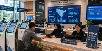 Dashboard interaktif Portal Modern Izin Koperasi yang menampilkan sistem pemantauan data UMKM real-time untuk mendukung efisiensi koperasi kota Medan
