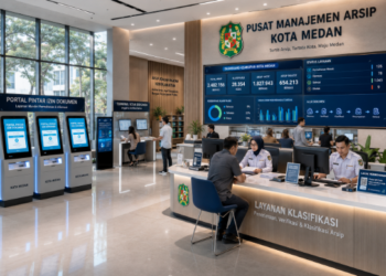 Dashboard interaktif Portal Pintar Izin Dokumen yang menampilkan sistem pemantauan data kearsipan real-time untuk mendukung efisiensi dokumentasi kota Medan