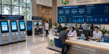 Dashboard interaktif Portal Pintar Izin Dokumen yang menampilkan sistem pemantauan data kearsipan real-time untuk mendukung efisiensi dokumentasi kota Medan