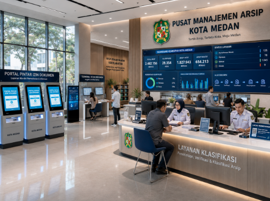 Dashboard interaktif Portal Pintar Izin Dokumen yang menampilkan sistem pemantauan data kearsipan real-time untuk mendukung efisiensi dokumentasi kota Medan
