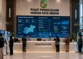 Dashboard interaktif Portal Pintar Izin Hunian yang menampilkan sistem pemantauan data tempat real-time untuk mendukung efisiensi perumahan kota Medan